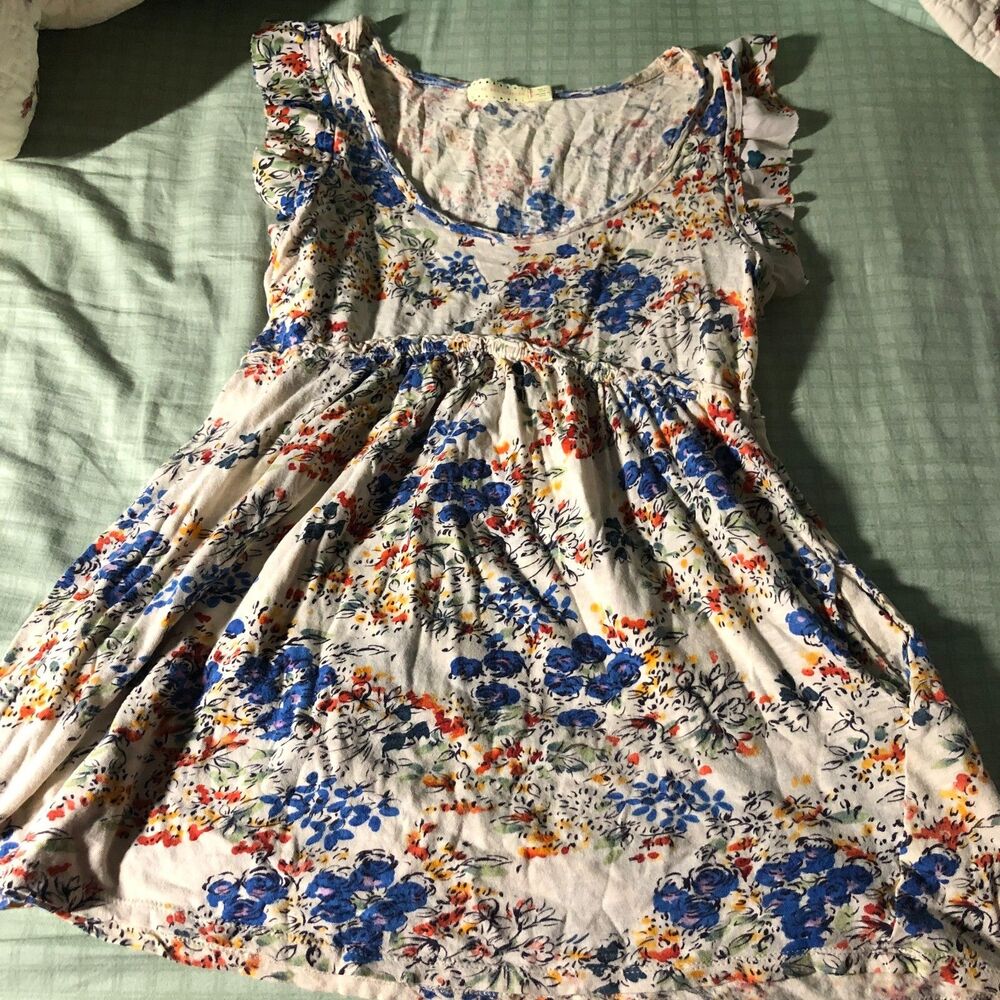 womens top medium peplum white flowers blue flowy scoop neck short sleeves 001